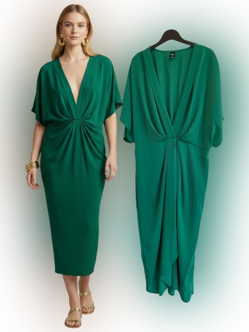Green Plunging V-Neck Wrap Front High Low Dress Size XL